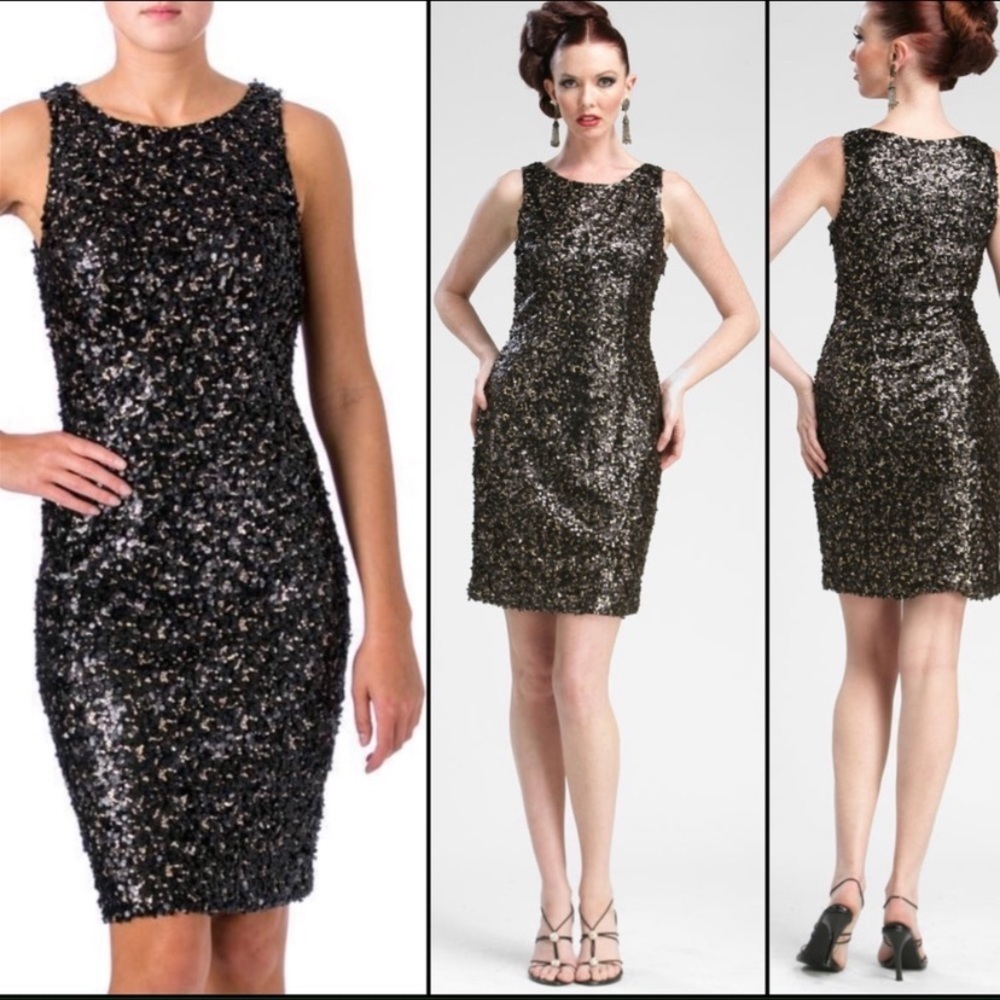 “SUE WONG” Black & Gold Sequin Tank Dress